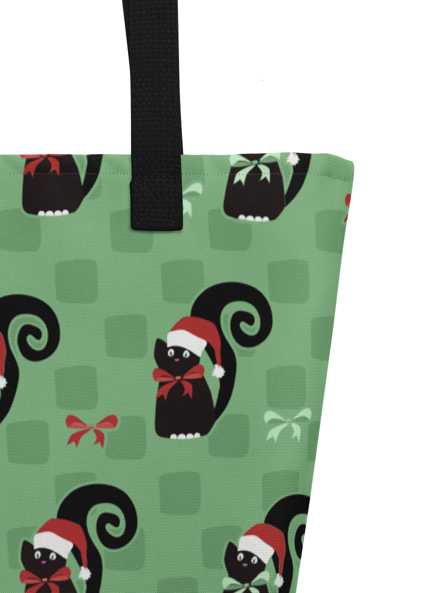 Black Christmas Kitties On Mint Green Checkerboard – Large Tote Bag product image (5)