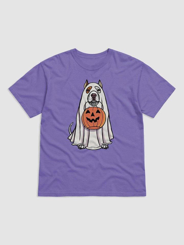 Funny Halloween Pitbull Terrier(Cropped Ears, White) T-Shirt | Funny Pittie Wearing a Ghost Costume and Holding a Pumpkin Basket product image (1)