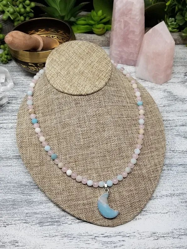 Positivity Moon Necklace – Rose Quartz & Amazonite Crescent Pendant for Love, Calm & Emotional Healing product image (1)