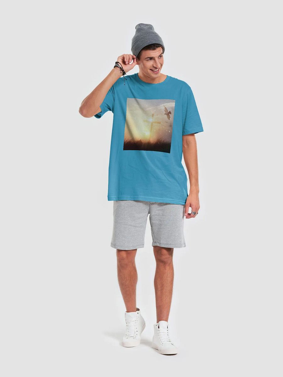Radiant cross illuminated by a bright, golden light, set against a soft & glowing sunrise background & doves t-shirt product image (4)