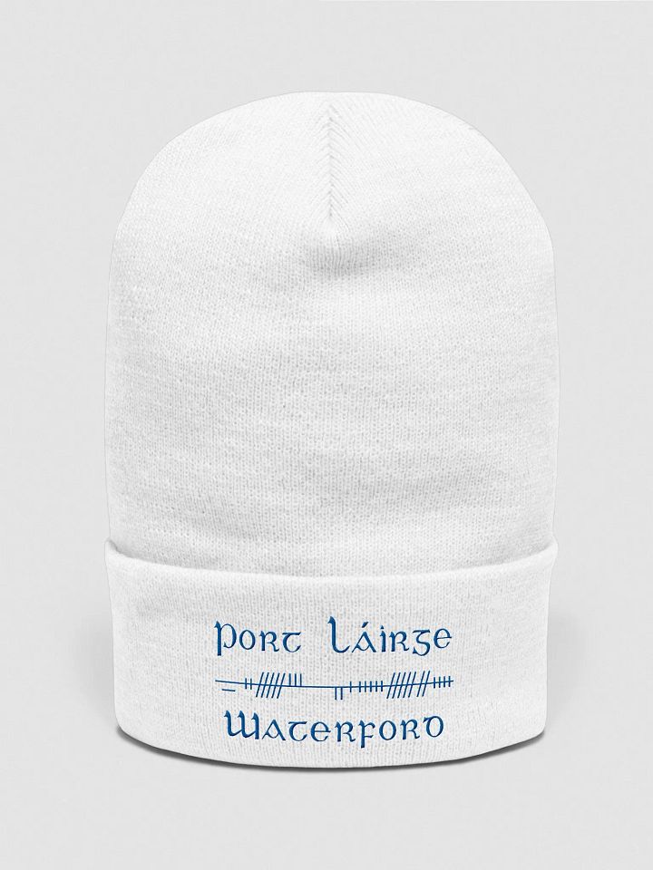 Waterford/Port Láirge, white with blue, Orthodox style Ogham embroidered Cuffed Beanie product image (1)