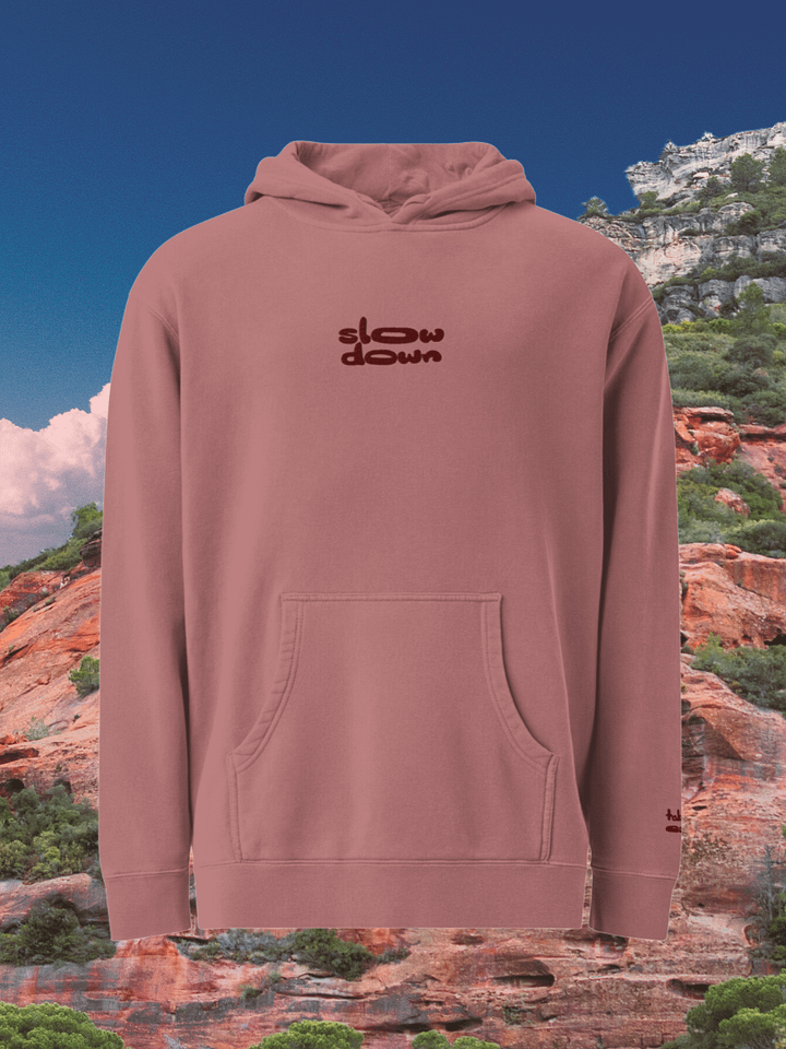Burgundy Embroidered 'Slow Down' Pigment-Dyed Hoodie product image (1)