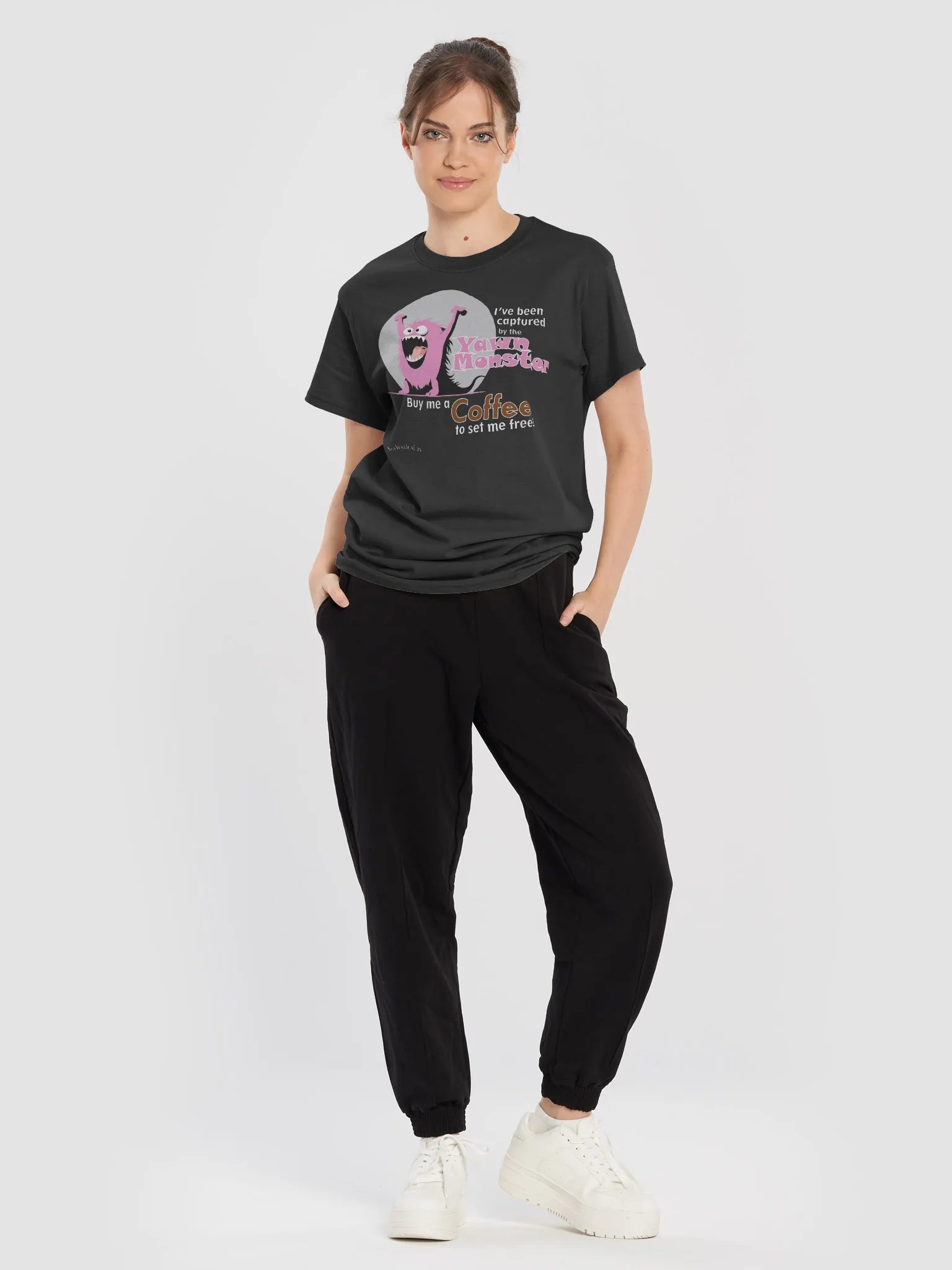 Pink Yawn Monster Buy Me a Coffee dark t-shirt product image (5)