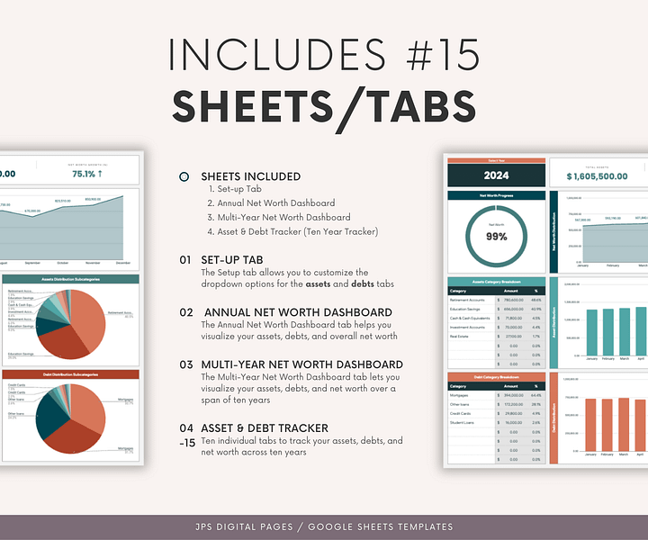 Net Worth Tracker Template, Multi-Year Dashboard Spreadsheet, Google Sheets Template, Net Worth Yearly Calculator, Investment Tracker product image (2)