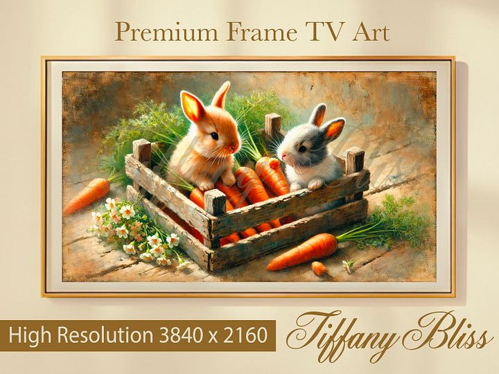 Samsung Frame TV Art, Country Spring Bunny Carrots Painting, Cottagecore, Digital Download product image (1)