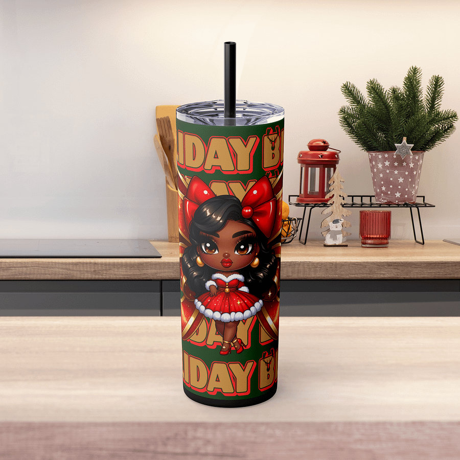 Holiday Bliss Christmas Tumbler Wrap Design, Festive Black Girl Clipart, Christmas Bow Sublimation PNG, Red and Green Holiday Cheer Art product image (2)