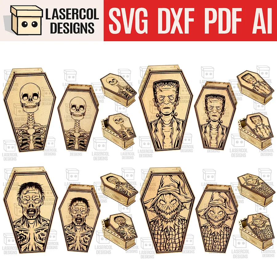 Halloween Coffin Boxes Bundle (Set 1-2-3-4) - (2 Sizes) - Laser Cut Files product image (1)