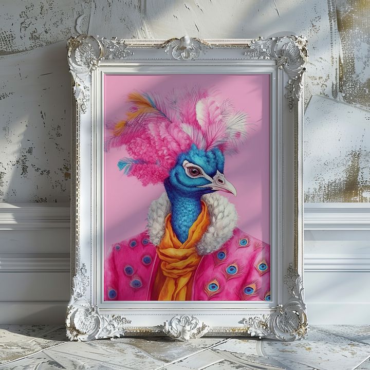 Anthropomorphic Peacock in Pink Coat Animal Portrait product image (1)