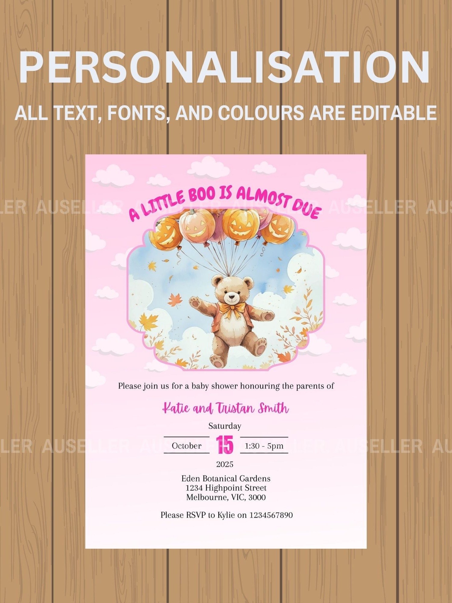 Bear With Pumpkin Balloons and Clouds Halloween Baby Shower Invitation product image (5)