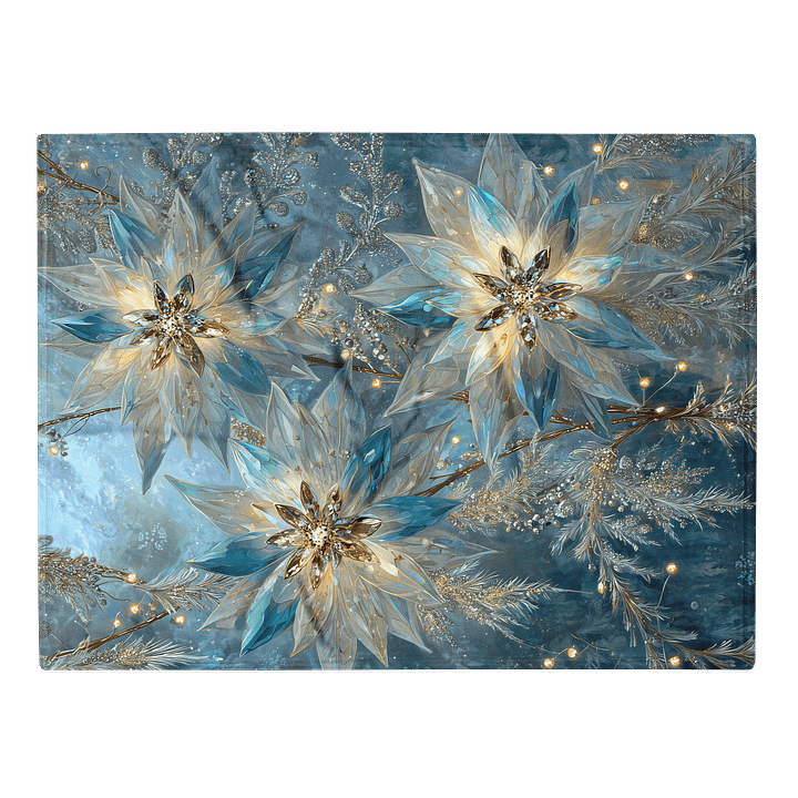 Winter Poinsettia Fleece Throw Blanket | Icy Blue & Gold Botanical Decor product image (2)