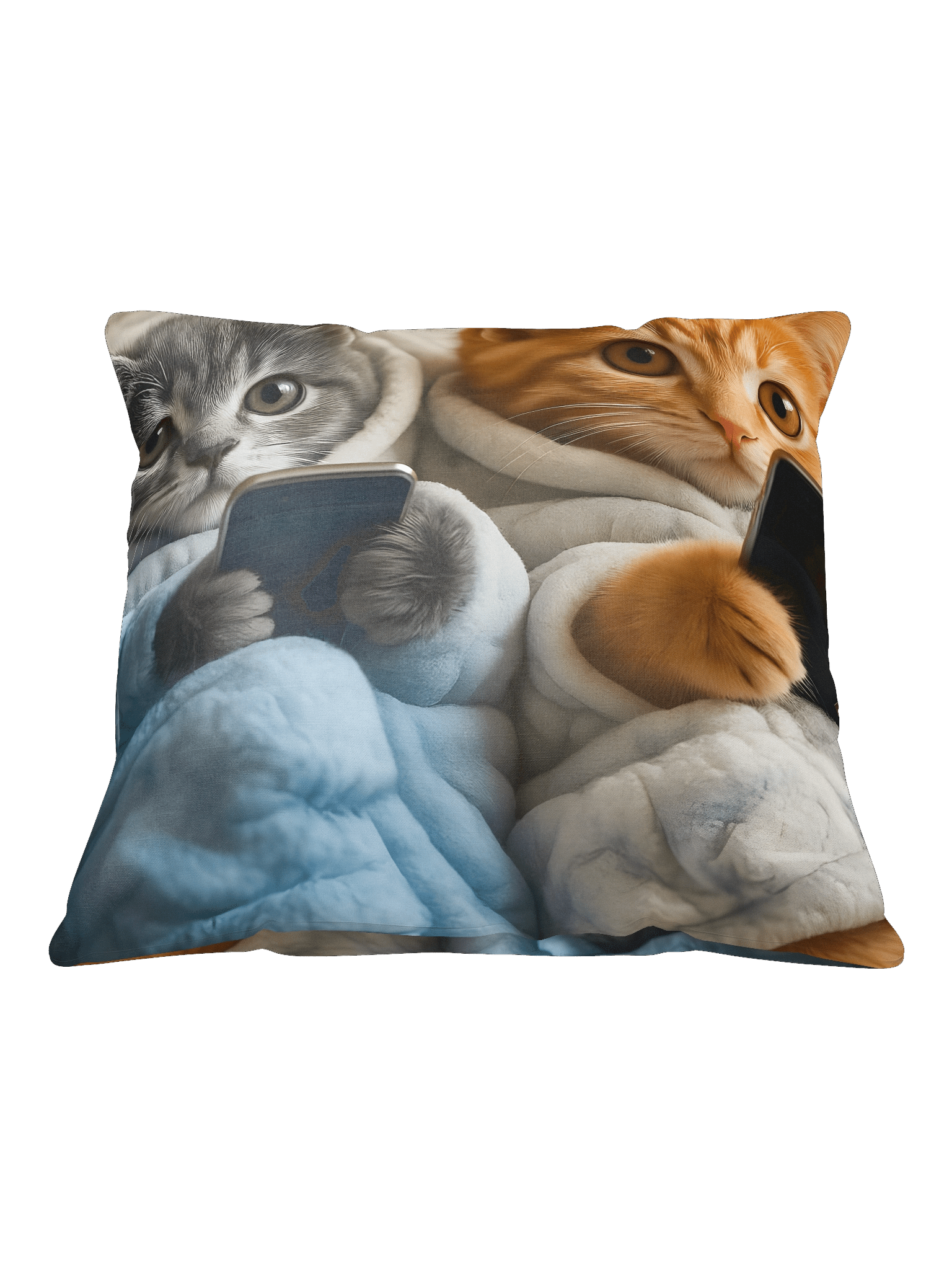 Kitties Texting In Bathrobe: Tech-Savvy Cats All-Over Print Pillow product image (1)