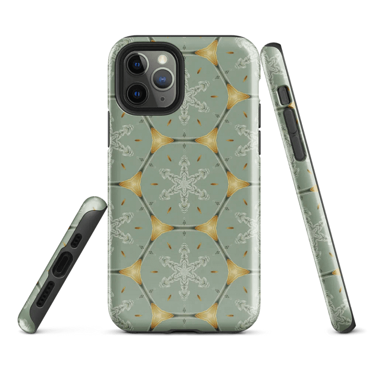 Tough Phone Case for iPhone® - Gold on Green Geometric Honeycomb Snowflakes product image (1)