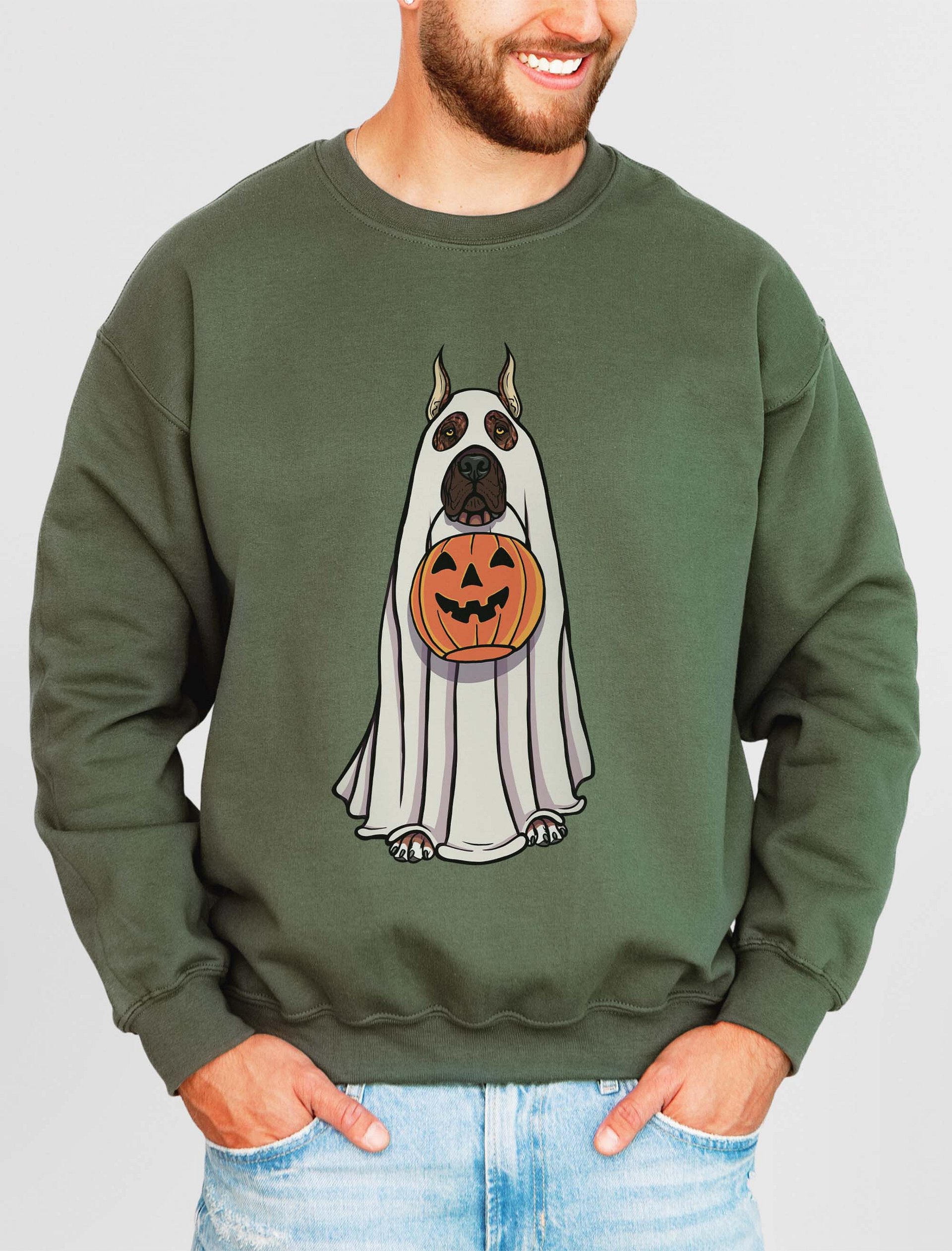Funny Halloween Great Dane(Cropped Ears Brindle) Sweatshirt | Funny Great Dane Wearing a Ghost Costume and Holding a Pumpkin Basket product image (15)