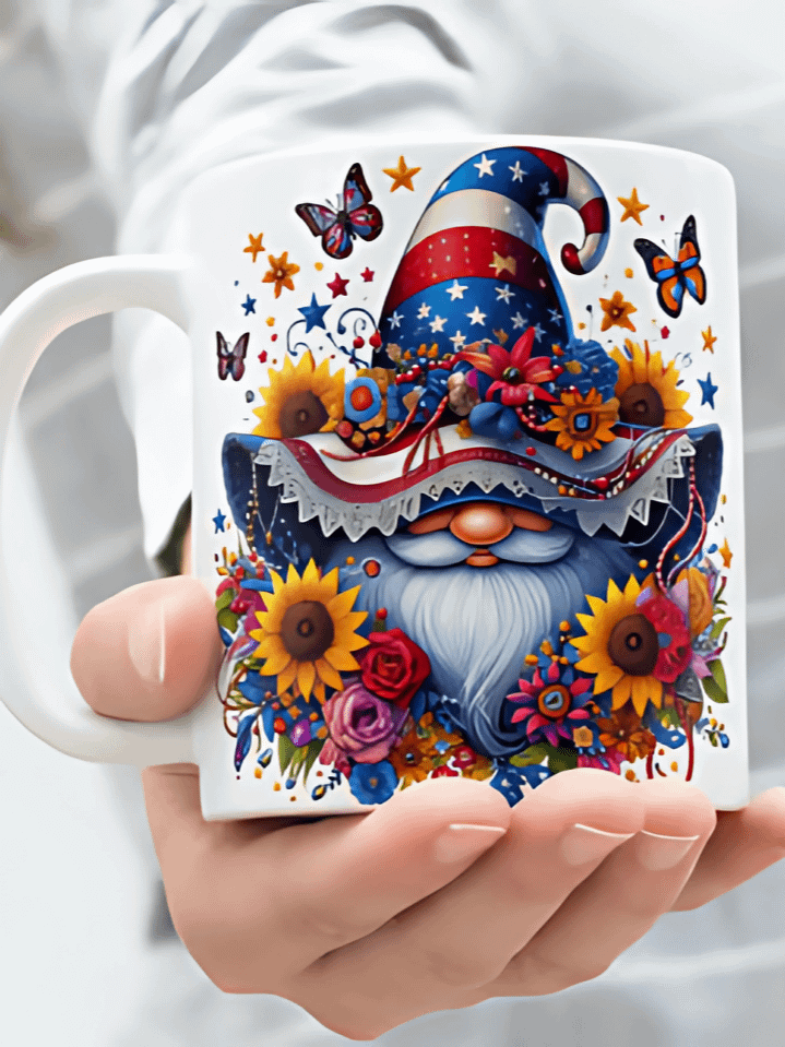 3D Cute Gnome Mug Wrap PNG – Adorable 4th of July American Flag Sublimation Design for 11oz & 15oz Coffee Mugs – Patriotic 300 DPI Instant Download product image (1)