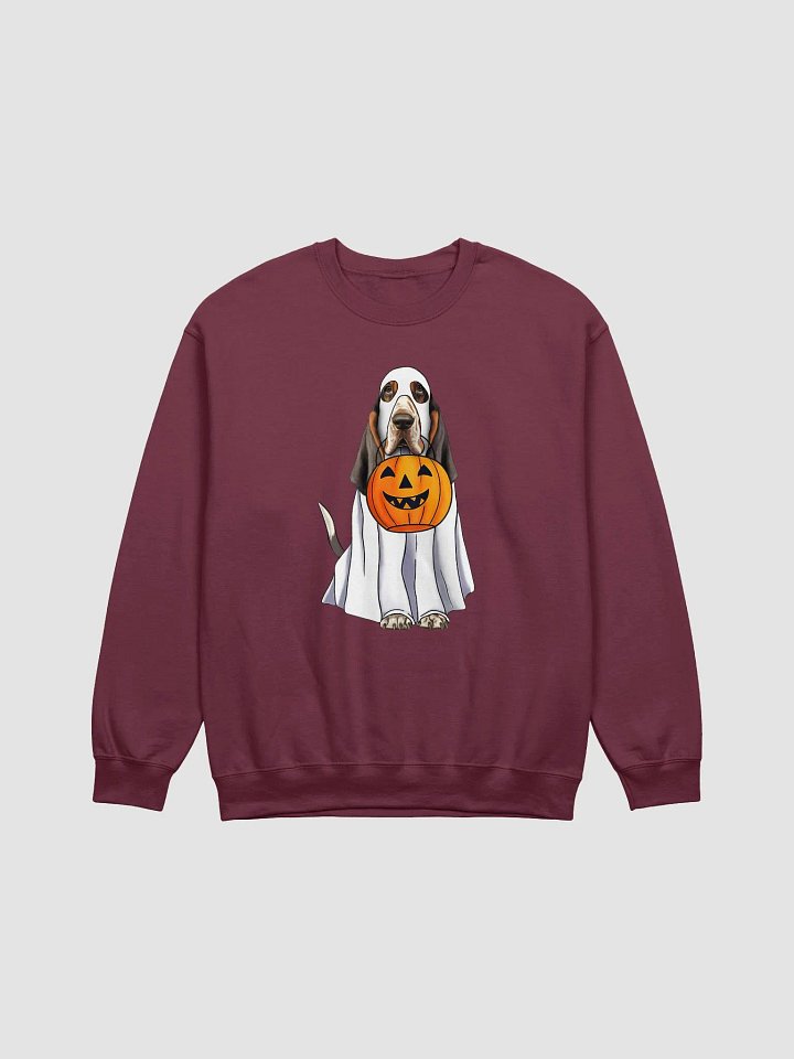 Basset Hound(Tricolor) Halloween Sweatshirt | Funny Halloween Basset Hound Wearing Ghost Costume with Pumpkin Basket product image (1)