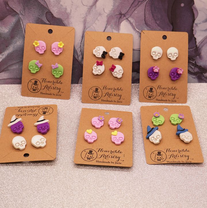 Double Skull Stud Earrings - Polymer Clay product image (1)