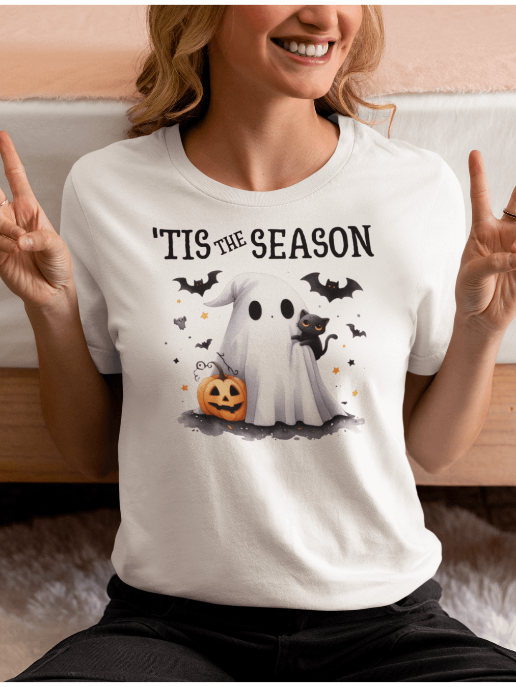 Cute Ghost & Black Cat Women's Halloween T-Shirt product image (13)