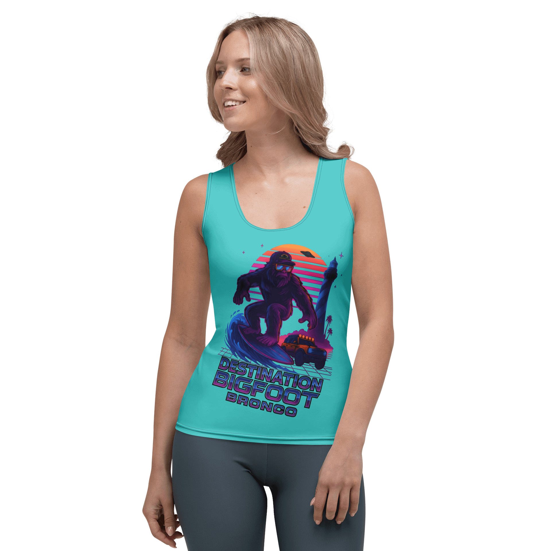 Destination Bigfoot Bronco Slanted Synthwave Women's Tank (Dark Turqouise) product image (1)