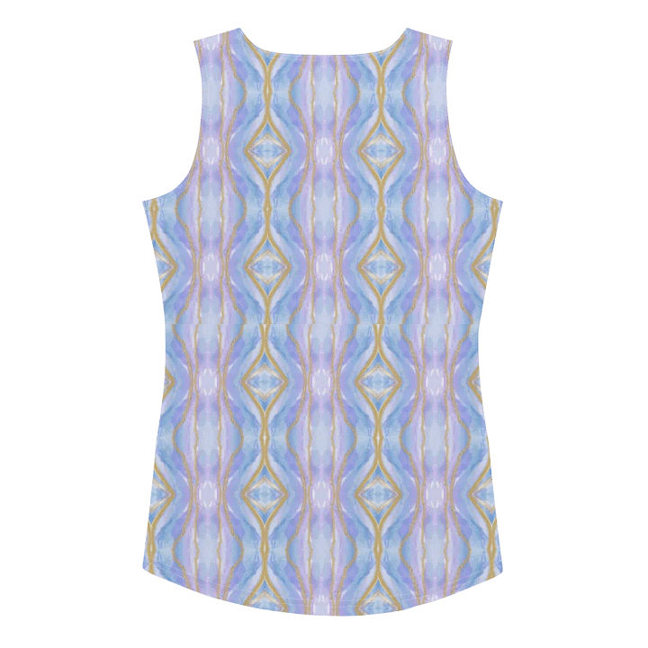 Ladies all over print tank top with soft  pastel blues and pinks.. Stylish and chic for the lady who likes the unusual. product image (2)