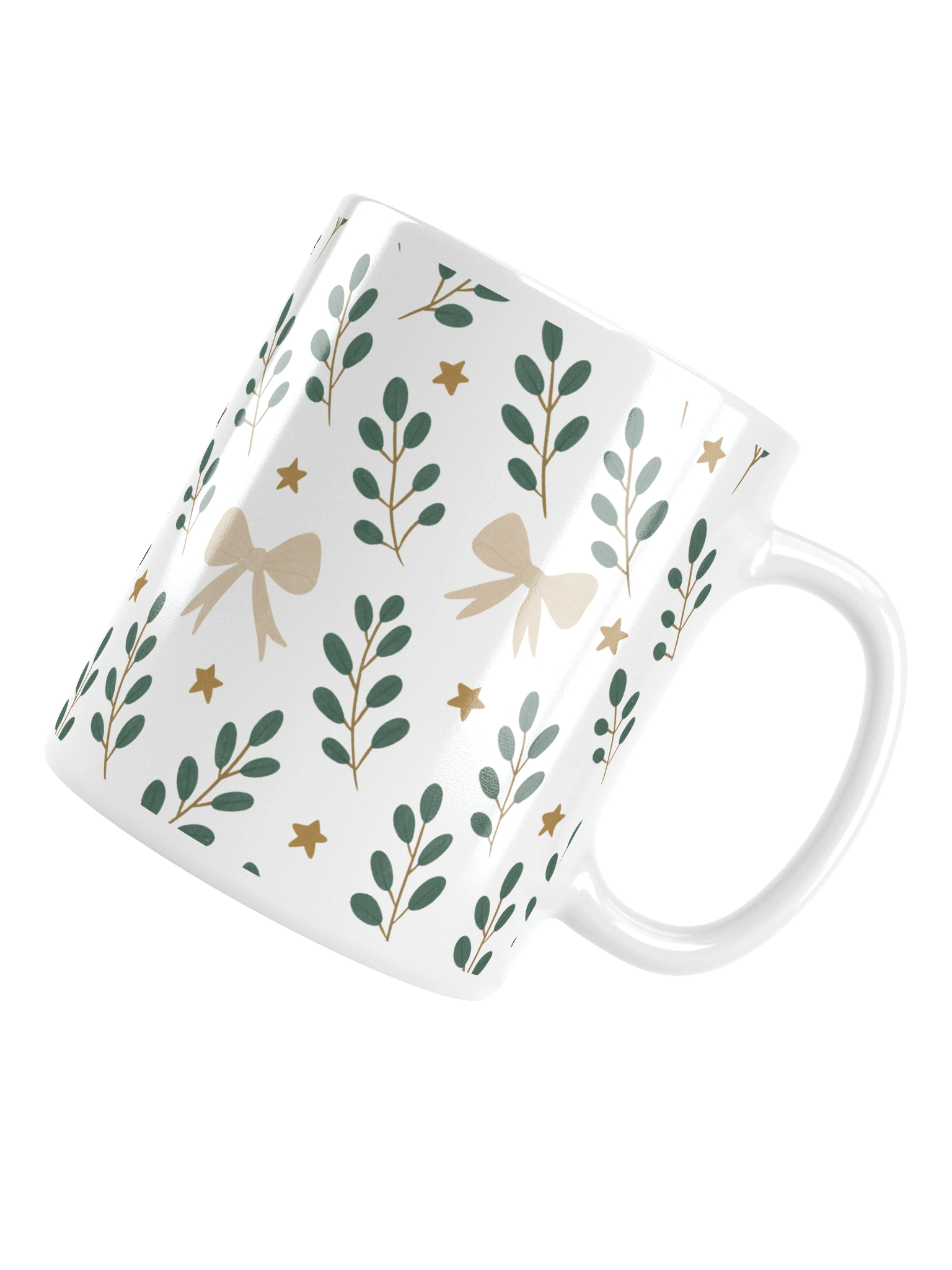 White glossy mug ribbons & stars botanical Christmas. Elegant botanical holiday mug product image (14)