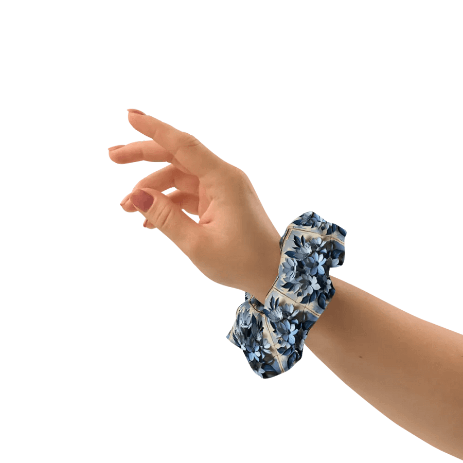 Hair Scrunchie - Painted Floral and Tile Pattern in Shades of Blue product image (8)