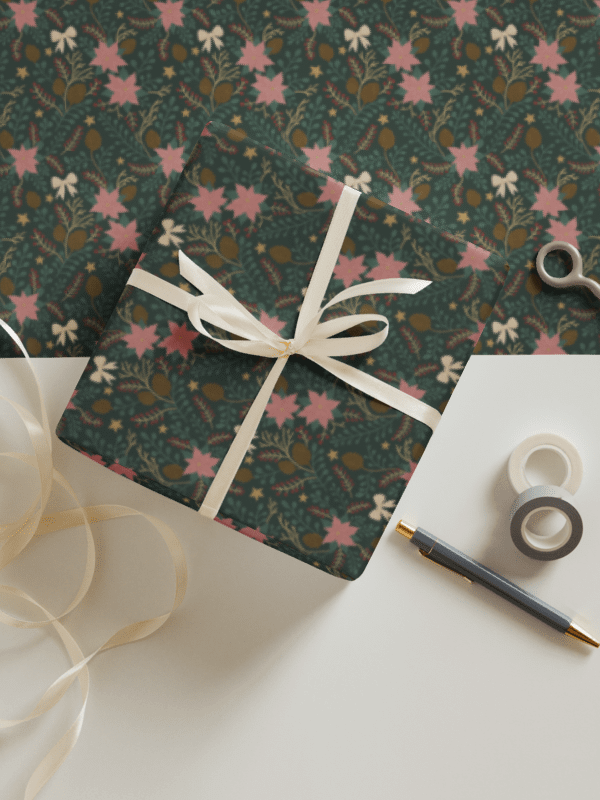 Enchanted forest blooms Christmas wrapping paper. Set of 3 sheets in green, soft pink, and white product image (3)