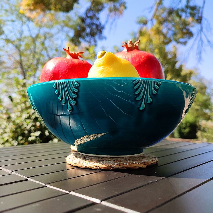 Turquoise Floral Elegance: Handcrafted 7.8"/20cm Turkish Ceramic Bowl — handmade pottery product image (2)