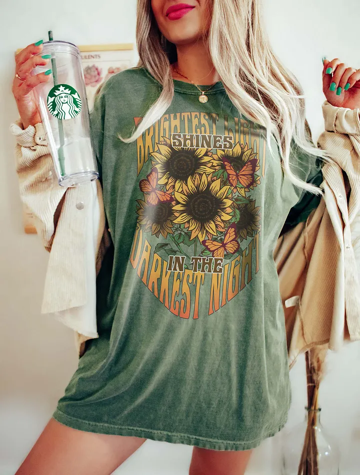 The Brightest Light Shines in the Darkest Night Sunflower T-Shirt | Motivational Fall and Thanksgiving T-Shirt Design product image (15)