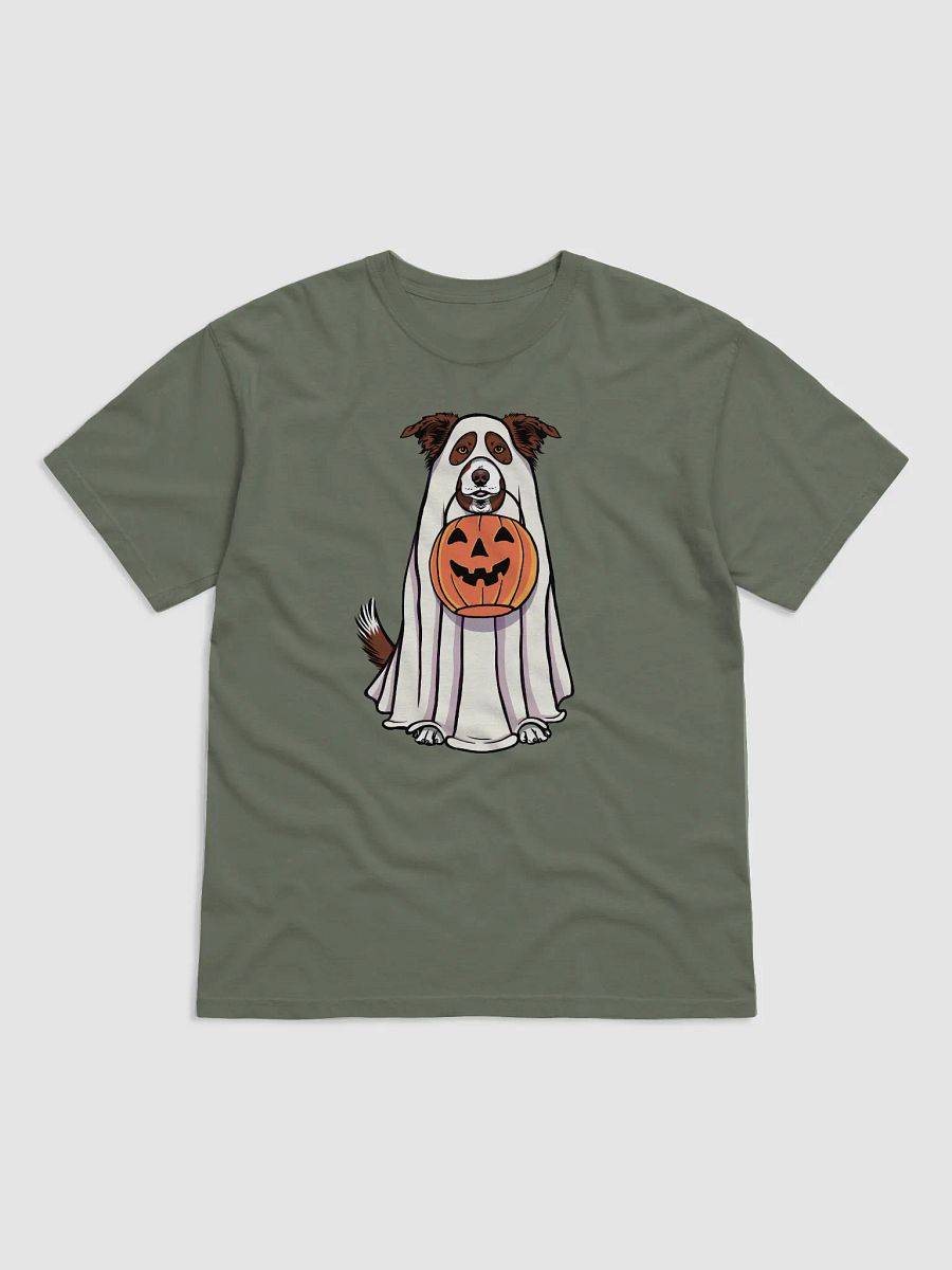 Funny Halloween Border Collie(Brown) T-Shirt | Funny Border Collie Wearing a Ghost Costume and Holding a Pumpkin Basket product image (8)