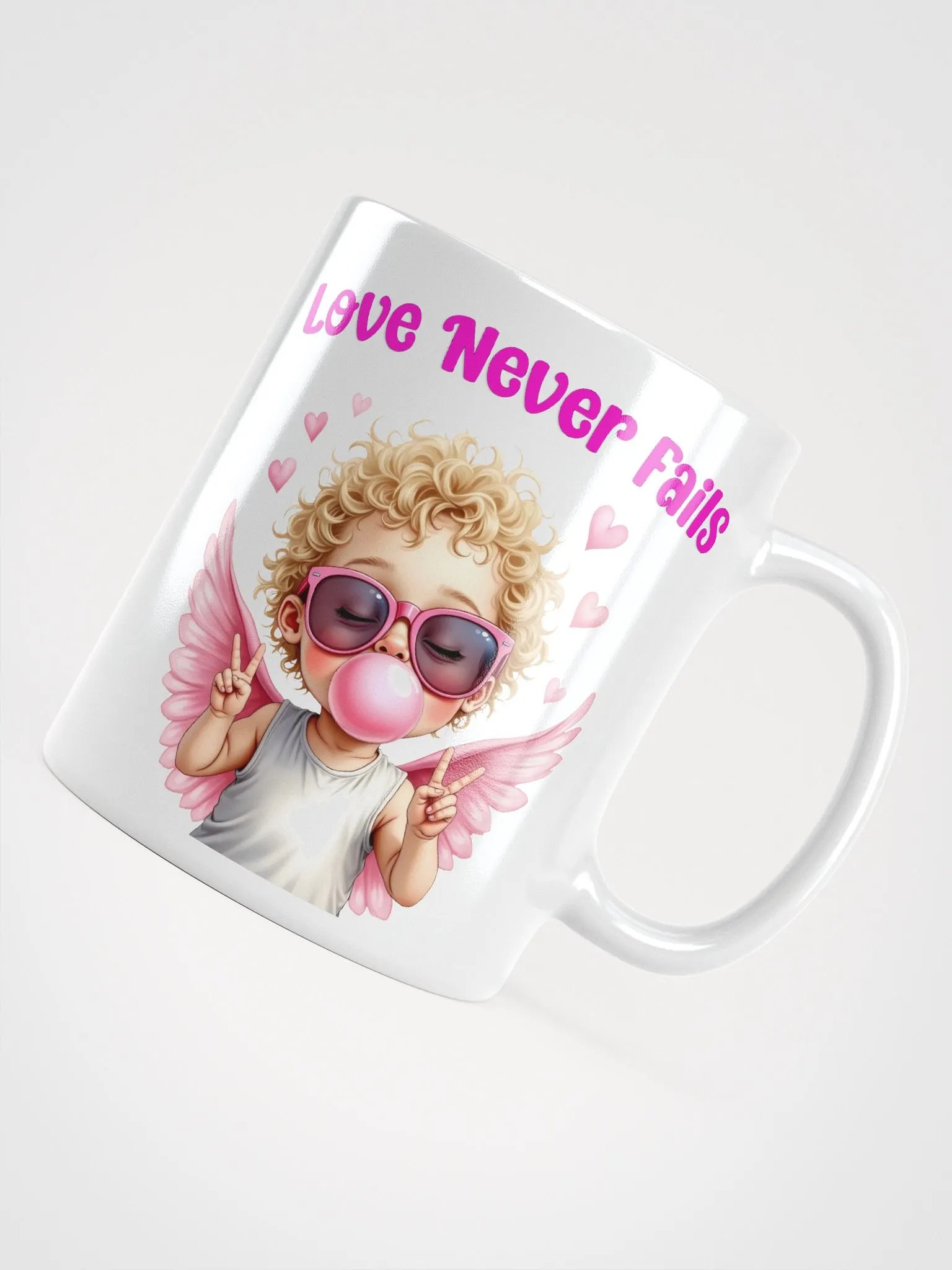 Love Never Fails Valentine Retro Cupid Valentine's Day White Glossy Mug product image (1)