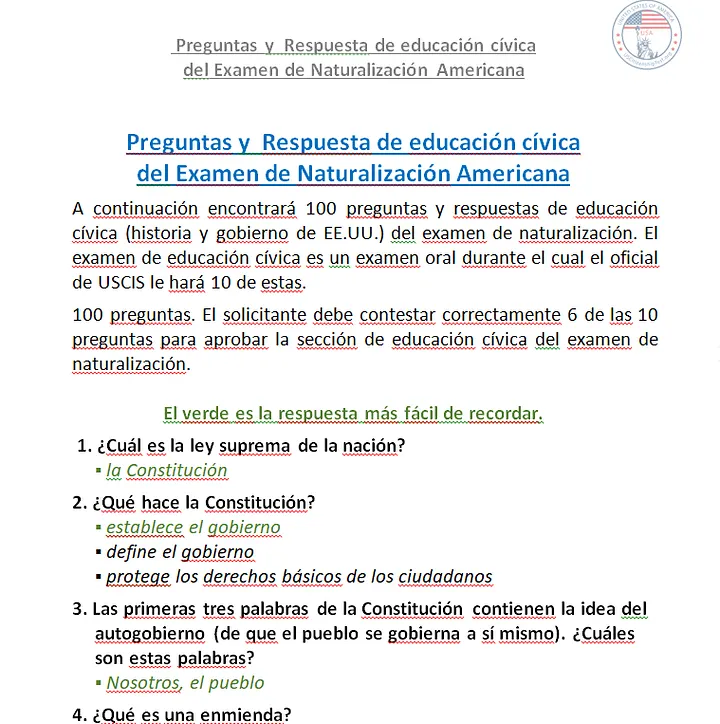 Preguntas y Respuesta de educación cívica del Examen de Naturalización Americana product image (2)