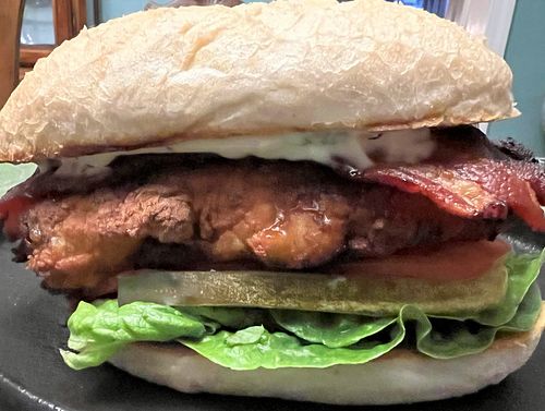 Hot Chicken Sandwich using Icon Sauce from @kindr3d_nations with Maple and Black Pepper Bacon, Roasted Garlic, and Basil Mayo...