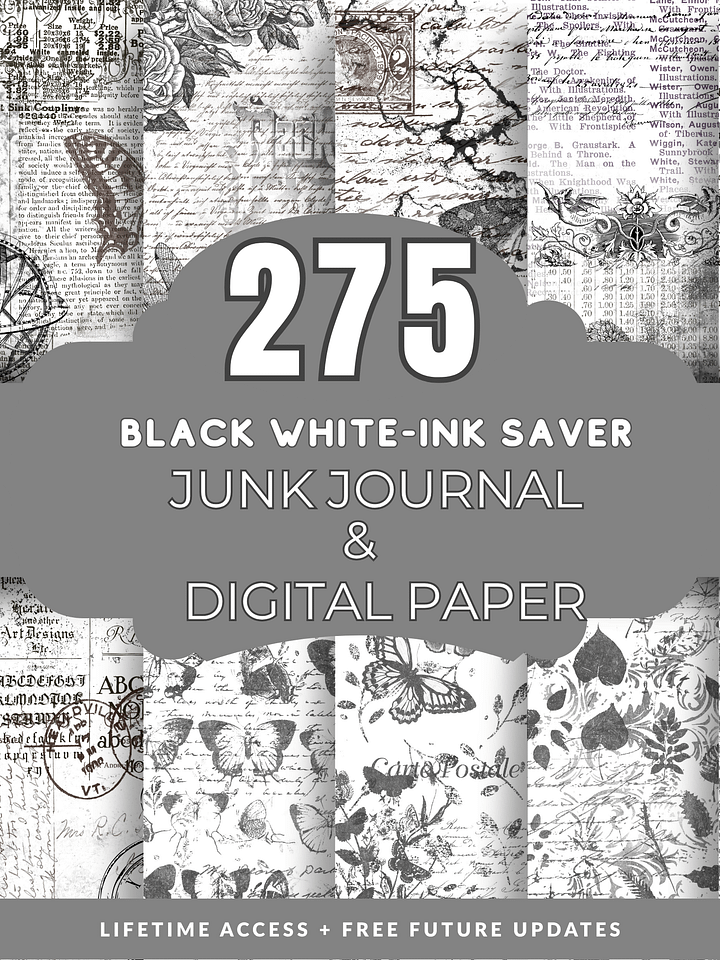 Black White Digital Paper Pack Ink Saver Junk Journal Pages product image (2)
