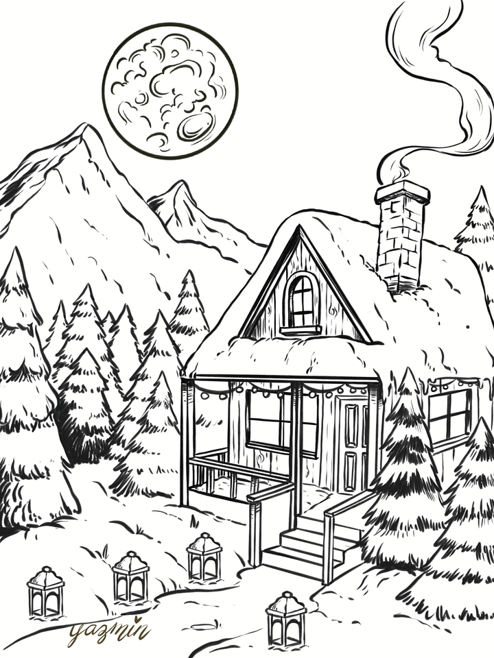 Moonlit Winter Cottage Coloring Page for Adults and Kids – Cozy Snowy Forest Scene product image (1)