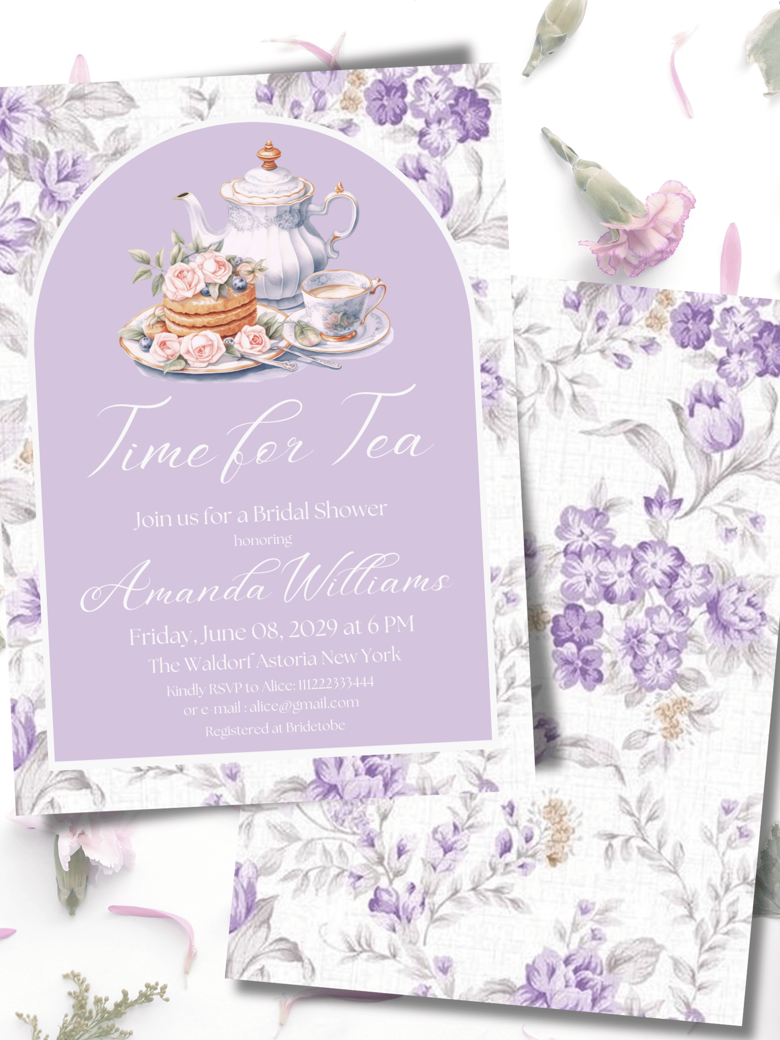 Tea Party Bridal Shower Canva Template Invite, Floral Purple Theme Printable Time for Tea Lavender Brunch Invitation | Digital Prints product image (3)