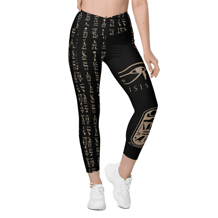 Nefertiti Black Hieroglyphs All-Over Print Crossover Leggings with Pockets product image (1)