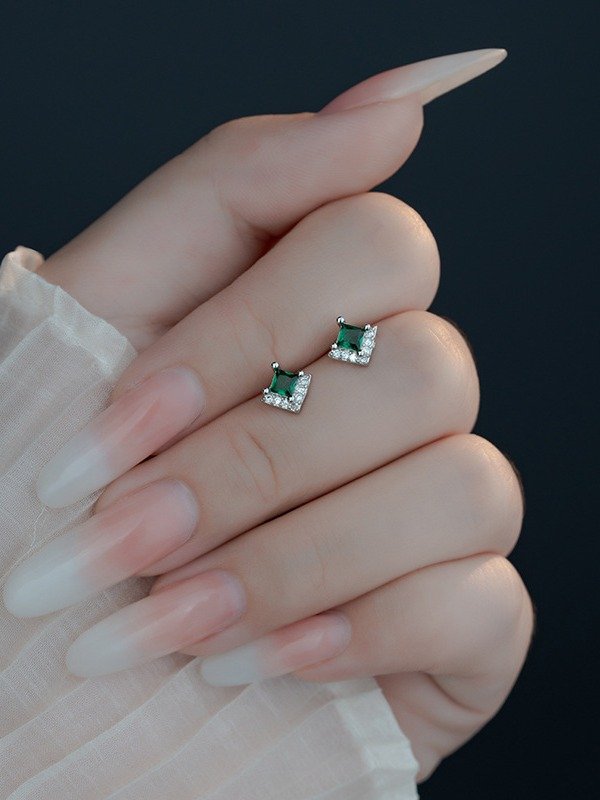 Green Princess-Cut Stud Earrings | 18K Gold Plated product image (5)
