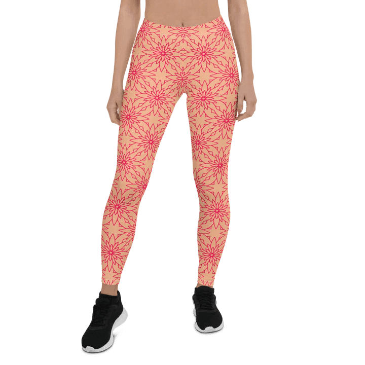 comfortable leggings in soft apricot with dark pink geometric   design for those that  like pattern elements. product image (1)