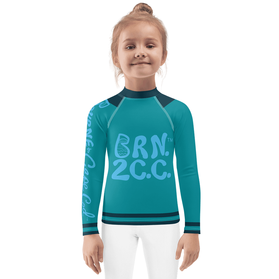 Girls' | Little KIDS | Rash Guard | BRN.2C.C.™ Front Print | BOURNE to Cape Cod™ Back & Sleeve Logo | Coastal UV Shirt for Active Kids | Slim Fit Swim Top | Blue Logo on Blue Stripes product image (1)