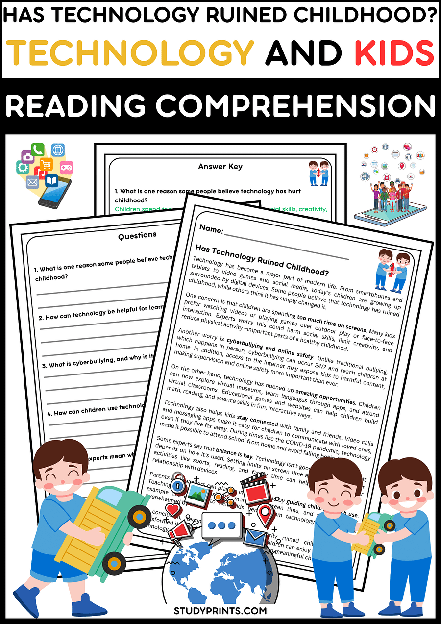 Has Technology Ruined Childhood? Reading Passage with Comprehension Questions product image (1)