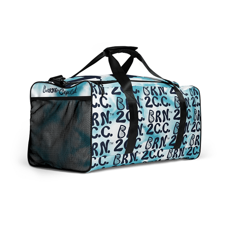 BOURNE to Cape Cod™ | Duffle Bag | BRN.2C.C.™ | Coastal Gym & Travel Gear | 22" All-Over Print Weekender | Navy Blue Logos on Blue Tie-Dye product image (2)