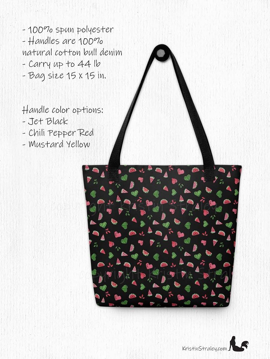 Tossed Watermelons and Hearts on Black Reusable Tote Bag product image (2)