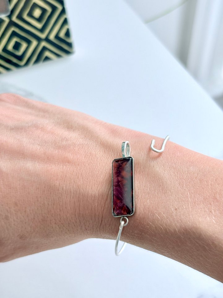 ⚡ Electric Tide Bangle | 7" Silver-Plated Wire Bracelet with Cranberry Bog Red Rectangle Charm | Handmade Coastal Charm Jewelry by Monique Faella Designs™ | MFD-00178 product image (2)