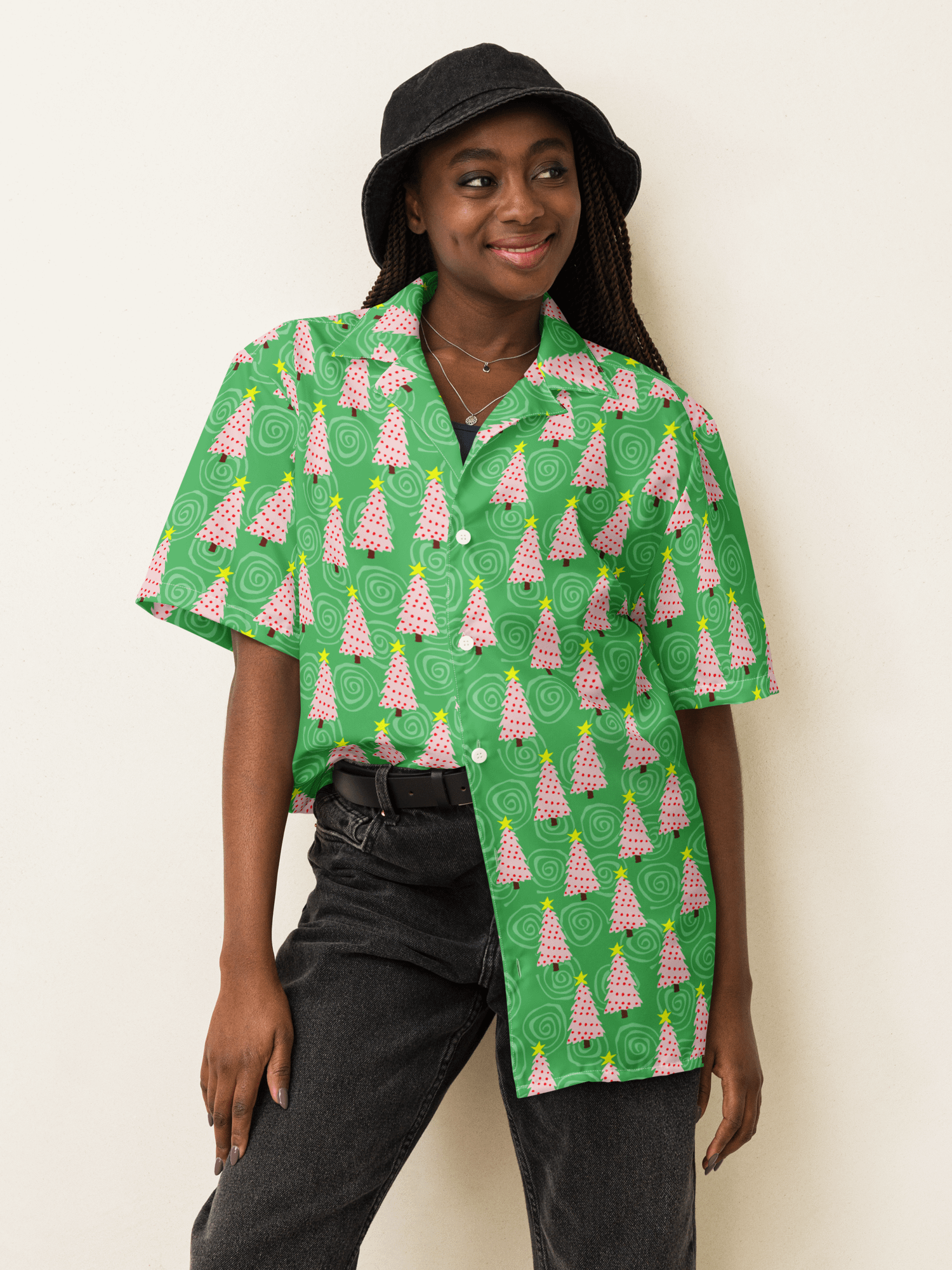 Pink Christmas Trees on Mint Green Oversized Button-Down Shirt product image (10)
