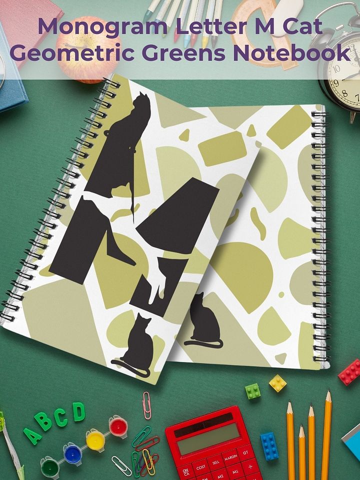 Monogram Letter M Cat Lover Geometric Greens Notebook product image (1)
