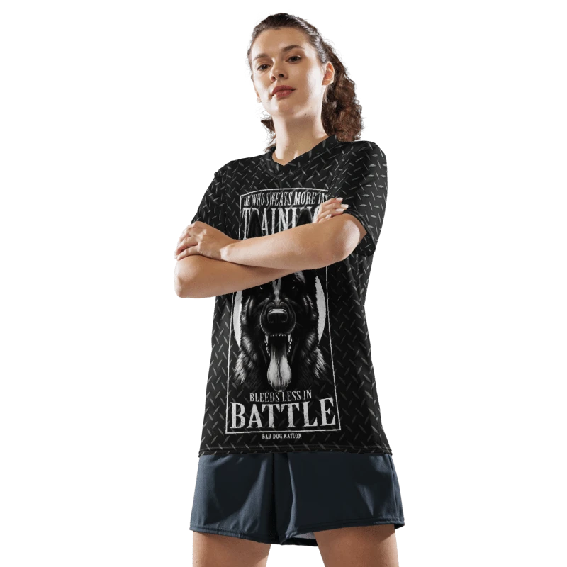 He Who Sweats More in Training Bleeds Less in Battle - Recycled unisex sports jersey product image (5)