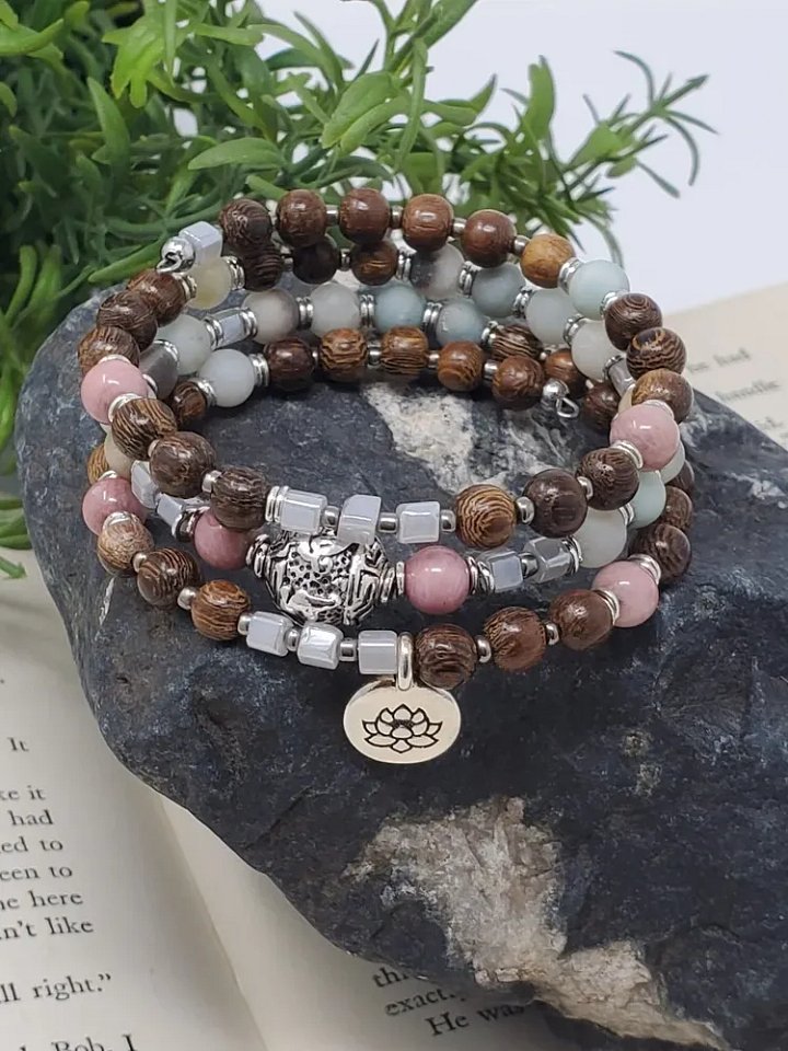 Om Mani Padme Hum Boho Wrap Bracelet – Triple Wrap Amazonite Rhodonite Roble Wood – Meditation Jewelry – Stress Relief Gift product image (1)