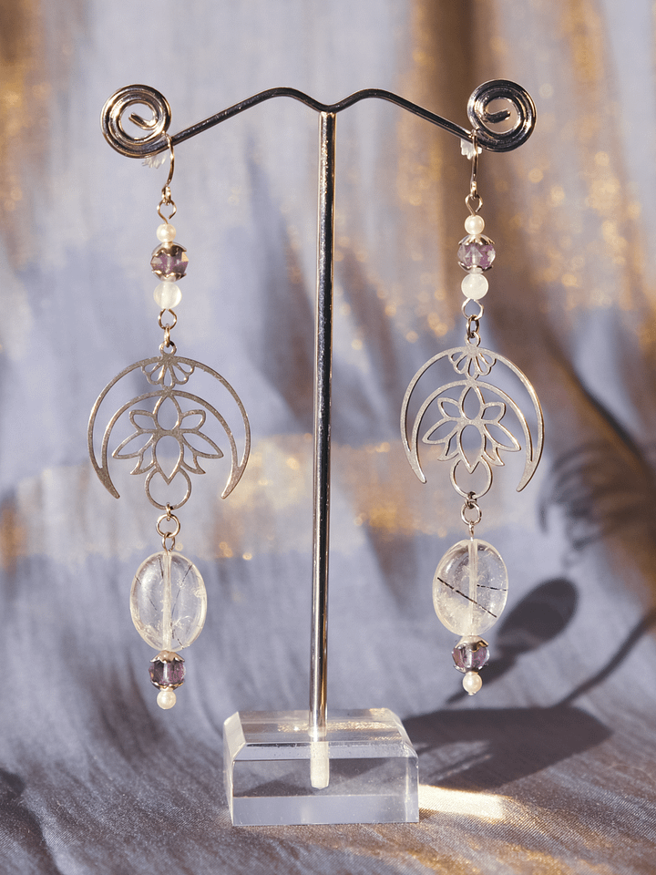 Moon lotus - Rutilated quartz, amethyst, and selenite earrings product image (1)
