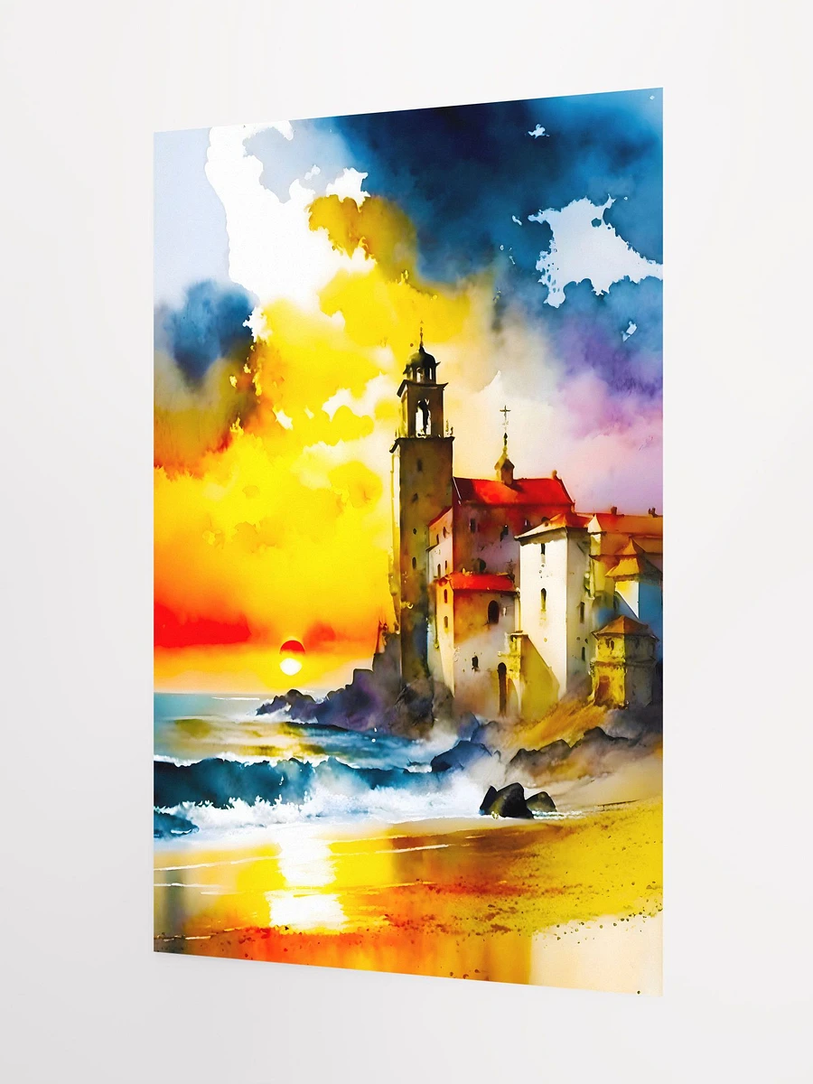 Old European Coastal Lighthouse at Sunset with Stunning Beach Watercolor Art Matte Poster product image (5)