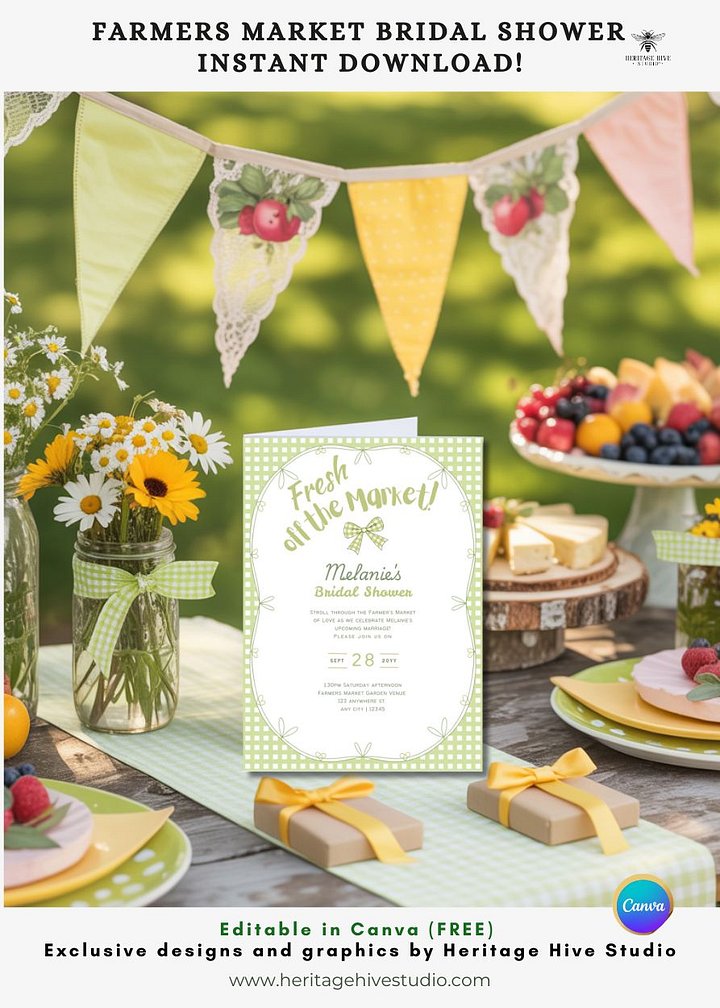 Fresh off The Market - Farmers Bridal Shower Invitations | Instant Download | Bows Lime Gingham product image (2)